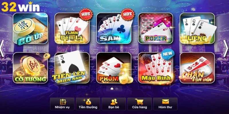 Sảnh game bài 32win tập hợp rất nhiều game bài hot 
